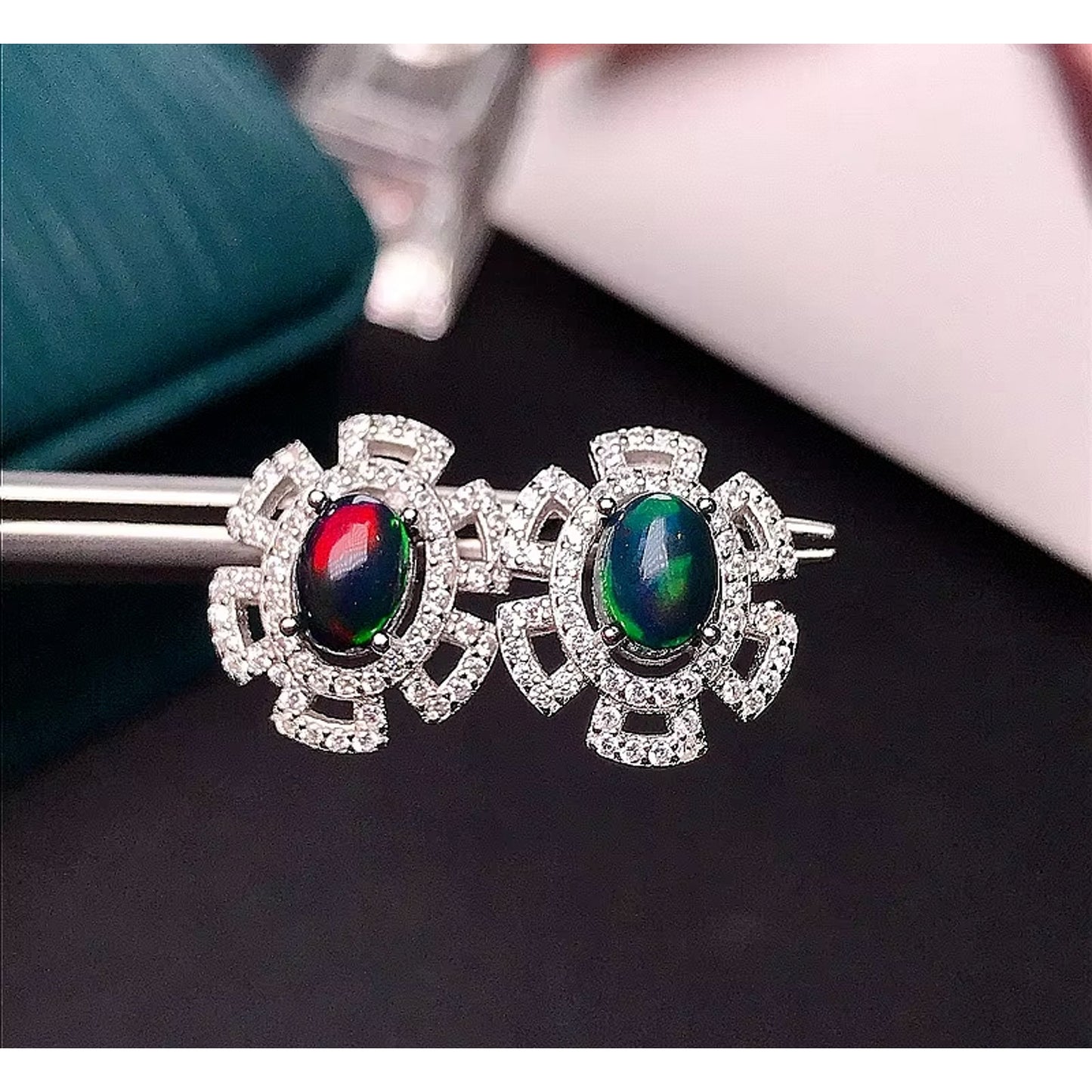 Fire Opal Cluster Stud Earrings Colorful Black Fire Opal Earrings 925 Sterling