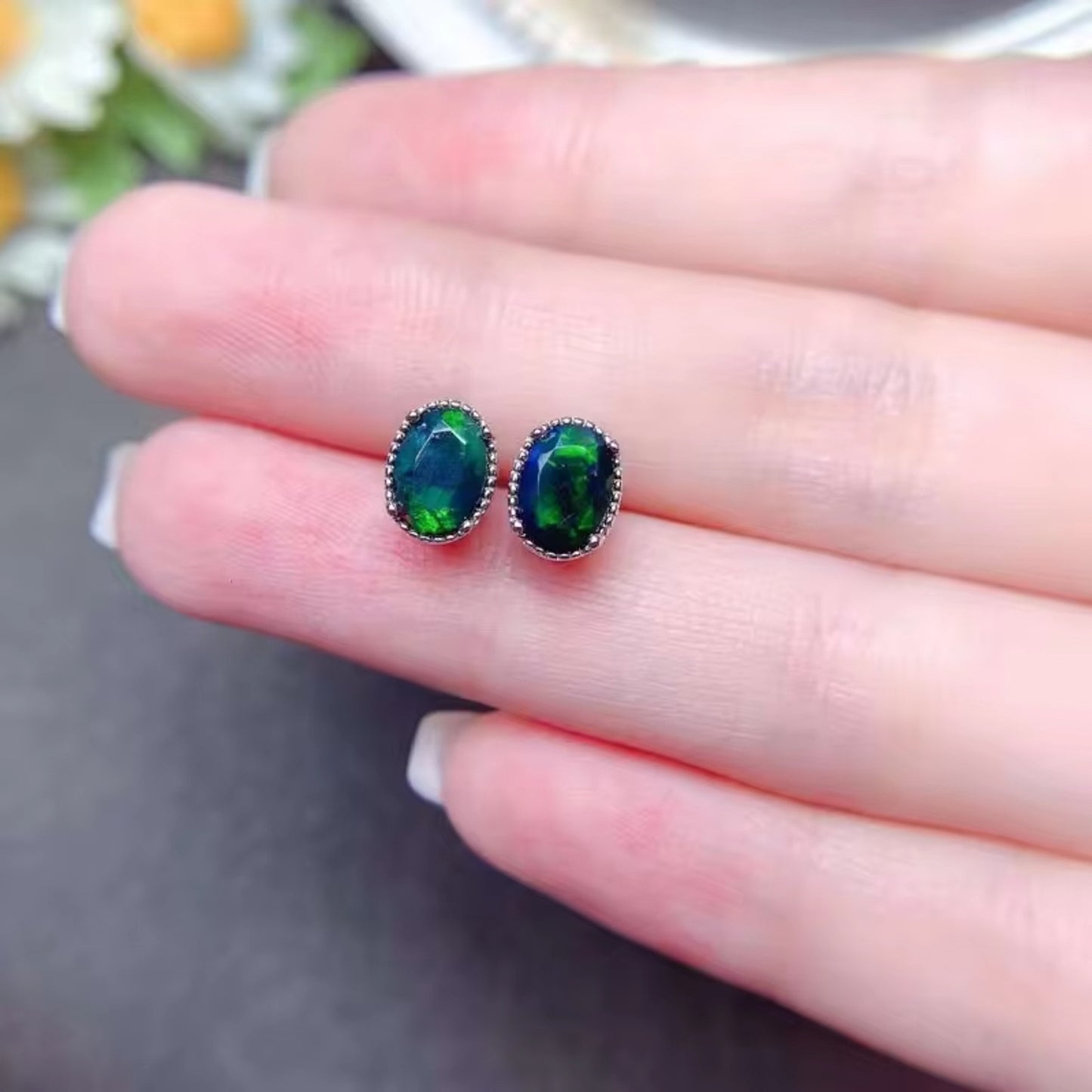 Black Fire Opal Stud Earrings, Colorful Fire Opal Stud Earrings 5x7mm 925