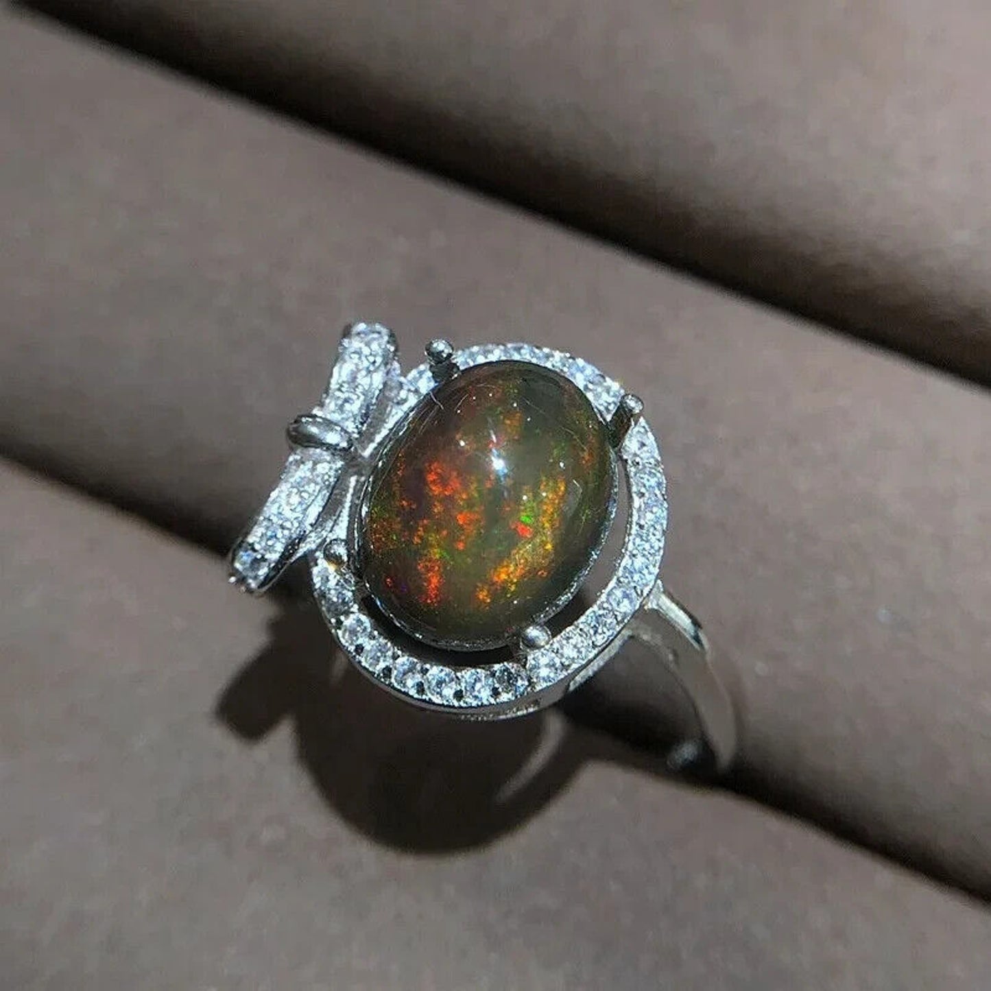 Black Fire Opal Cocktail Ring 8x10mm Platinum Plated