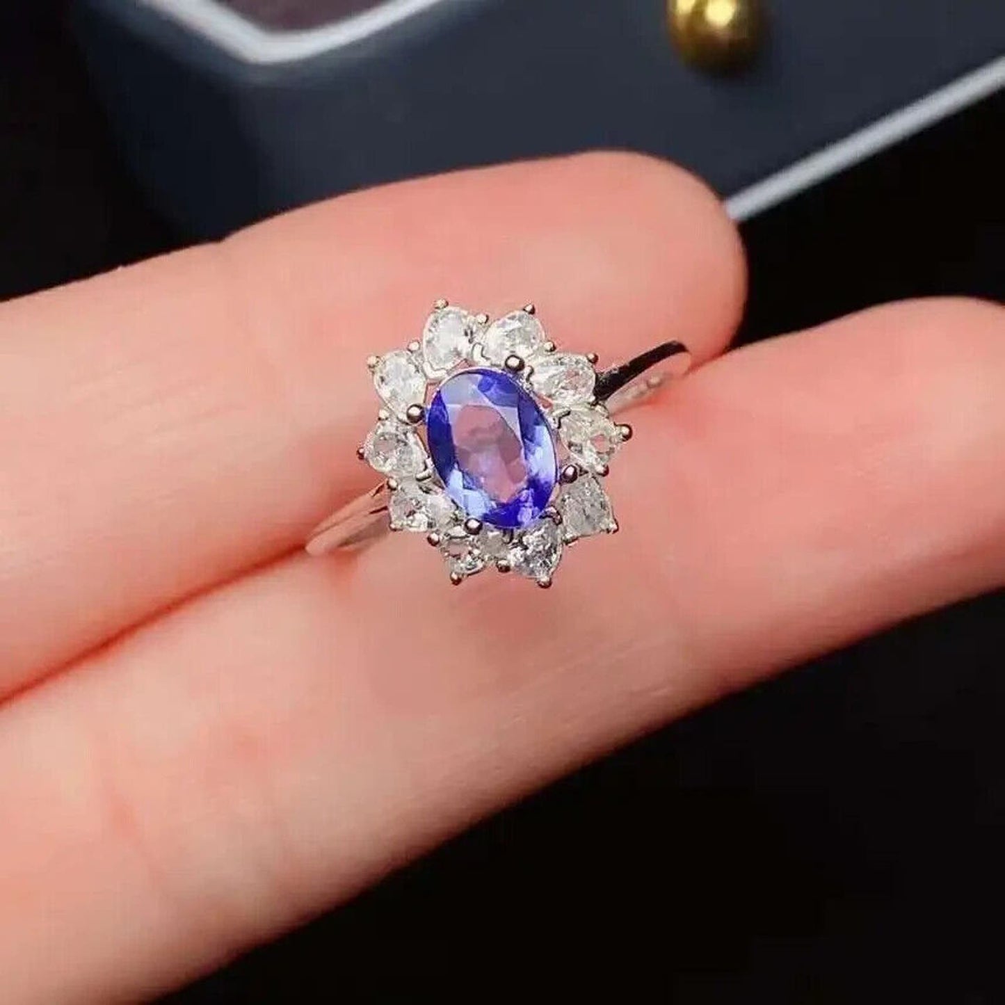 Purple Tanzanite Cluster Ring 5x7mm Platinum Plated