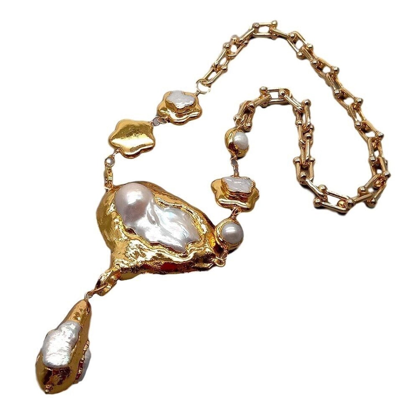 18k Gold Plated Keshi Pearl Pendant Necklace, Keshi Pearl Statement Necklace 18k