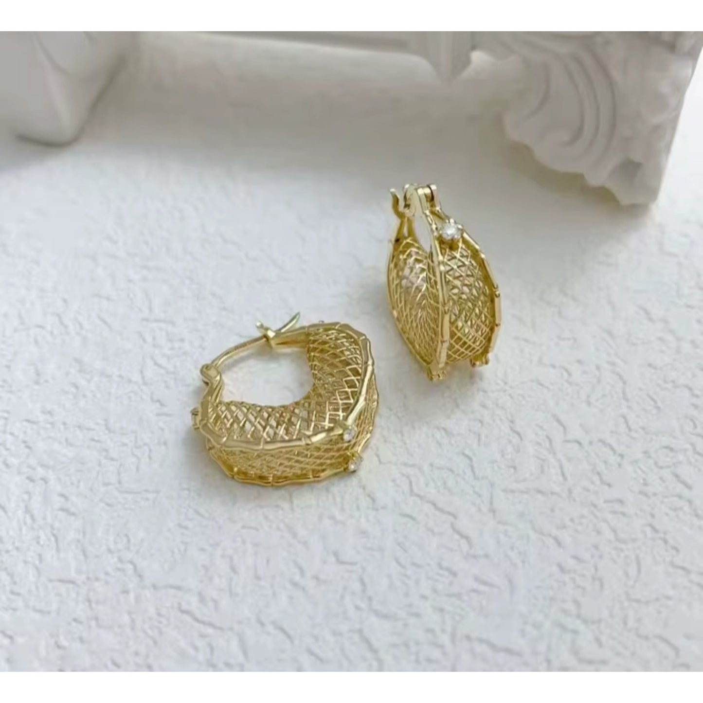 Solid 18k Yellow Gold Hoop Earrings, Yellow Gold Basket Hoops Au750