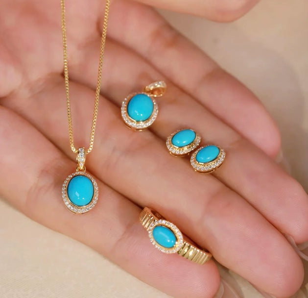 Natural Turquoise & Diamond Jewelry Set 18k Yellow Gold, Turquoise Jewelry, Natural Turquoise, Turquoise Stud Earrings, Turquoise Earrings, Turquoise Necklace, Turquoise Pendant, Turquoise Ring, 18k Gold, 18k Yellow Gold, Yellow GOld Turquoise Ring, Yellow Gold Turquoise Earrings, Yellow Gold Turquoise Pendant, Yellow Gold Turquoise Necklace, Natural Turquoise Necklace, Natural Turquoise Pendant, Solid Gold Turquoise Pendant Necklace, Women’s Natural Turquoise Jewelry, Genuine Turquoise Pendant