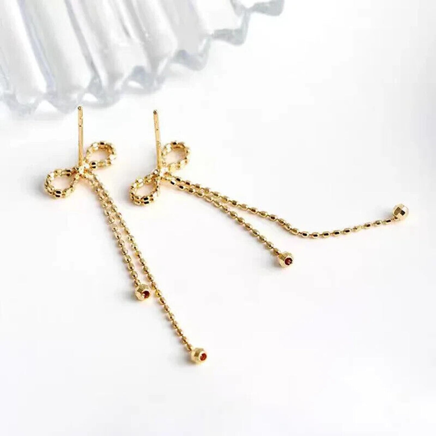 18k Yellow Gold Bow Tie Dangle Earrings, 18k Yellow Gold Long Dangle Earrings