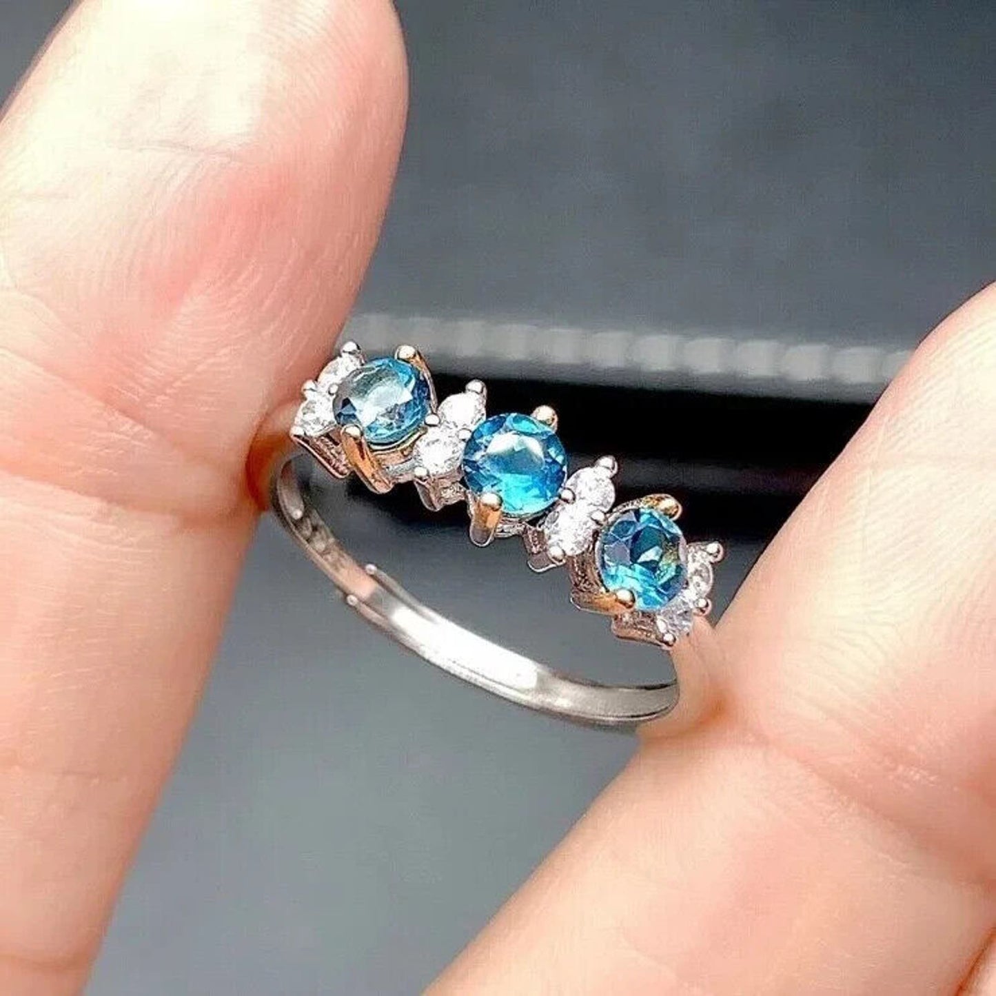 Natural London Blue Topaz Band Ring, London Blue Topaz and CZ Sterling Ring