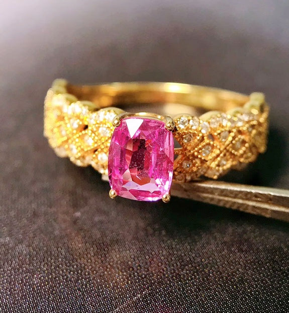 0.90Ct Natural Pink Sapphire & Diamond Band Ring 18K Yellow Gold, Pink Sapphire Ring, Padparadscha Sapphire, Padparadscha Sapphire Wedding Ring, Padparadscha Sapphire Engagement Ring, Padparadscha Sapphire & Diamond Ring, Padparadscha Sapphire and Diamond Wedding Ring, Natural Padparadscha Sapphire Ring, Padparadscha Sapphire Jewelry, 18k Gold Padparadscha Sapphire Ring, Women's Pink Padparadscha Sapphire Ring, White Gold Padparadscha Sapphire Ring