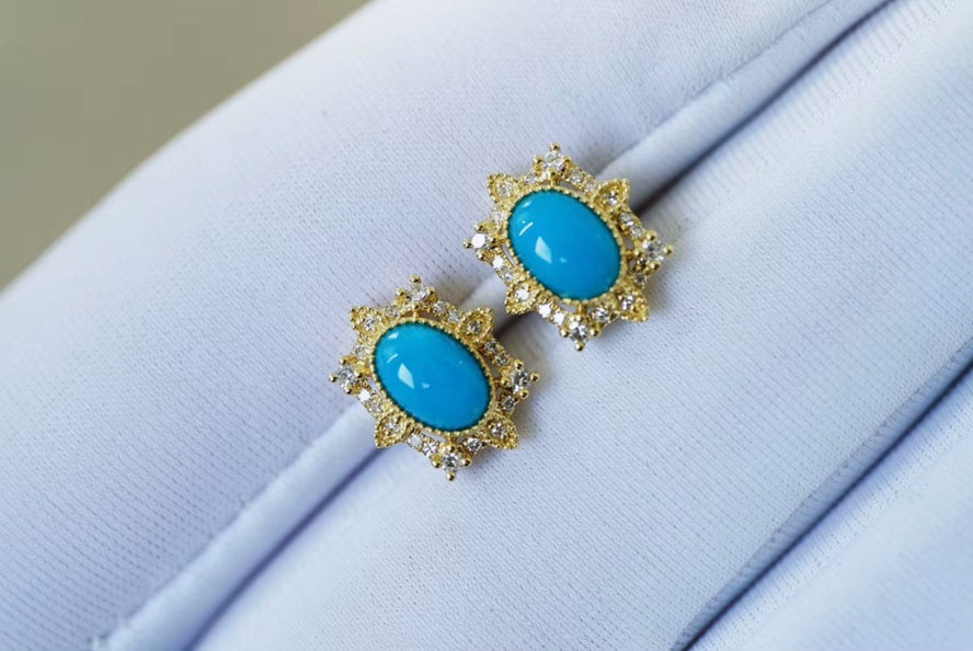 18k Yellow Gold Turquoise Stud Earrings, Natural Turquoise Diamond Earrings, High Quality Turquoise Earrings, Turquoise & Diamond Earrings 18k Gold, 18k Yellow Gold Turquoise Jewelry, Turquoise Earrings 18k Gold, Turquoise Stud Earrings Yellow Gold, 18k Gold Turquoise Earrings, Yellow Gold Turquoise Earrings, White Gold Turquoise Earrings, Natural Turquoise, Real Turquoise Jewelry for Women, Genuine Turquoise