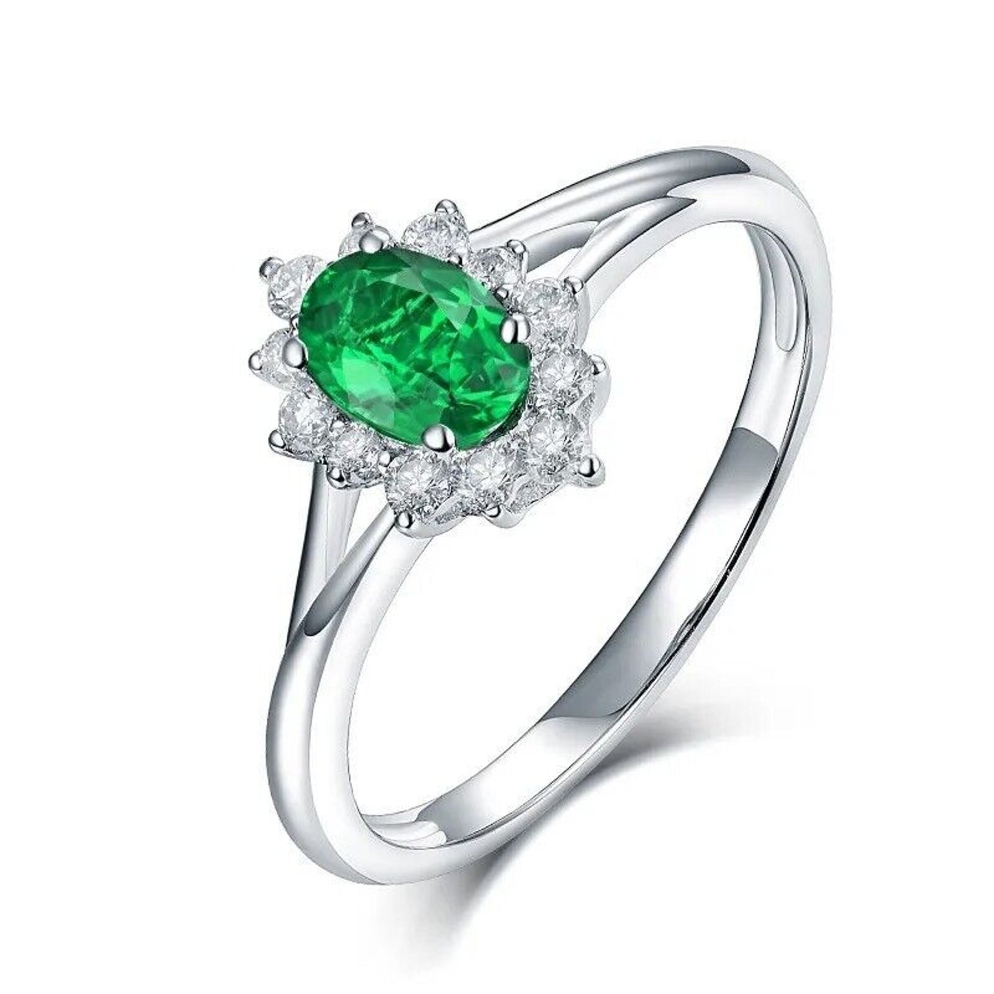 Natural Emerald and Diamond Oval Cut Cluster Ring 14k White Gold