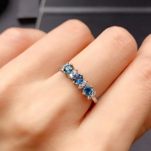 Natural London Blue Topaz Band Ring, London Blue Topaz and CZ Sterling Ring