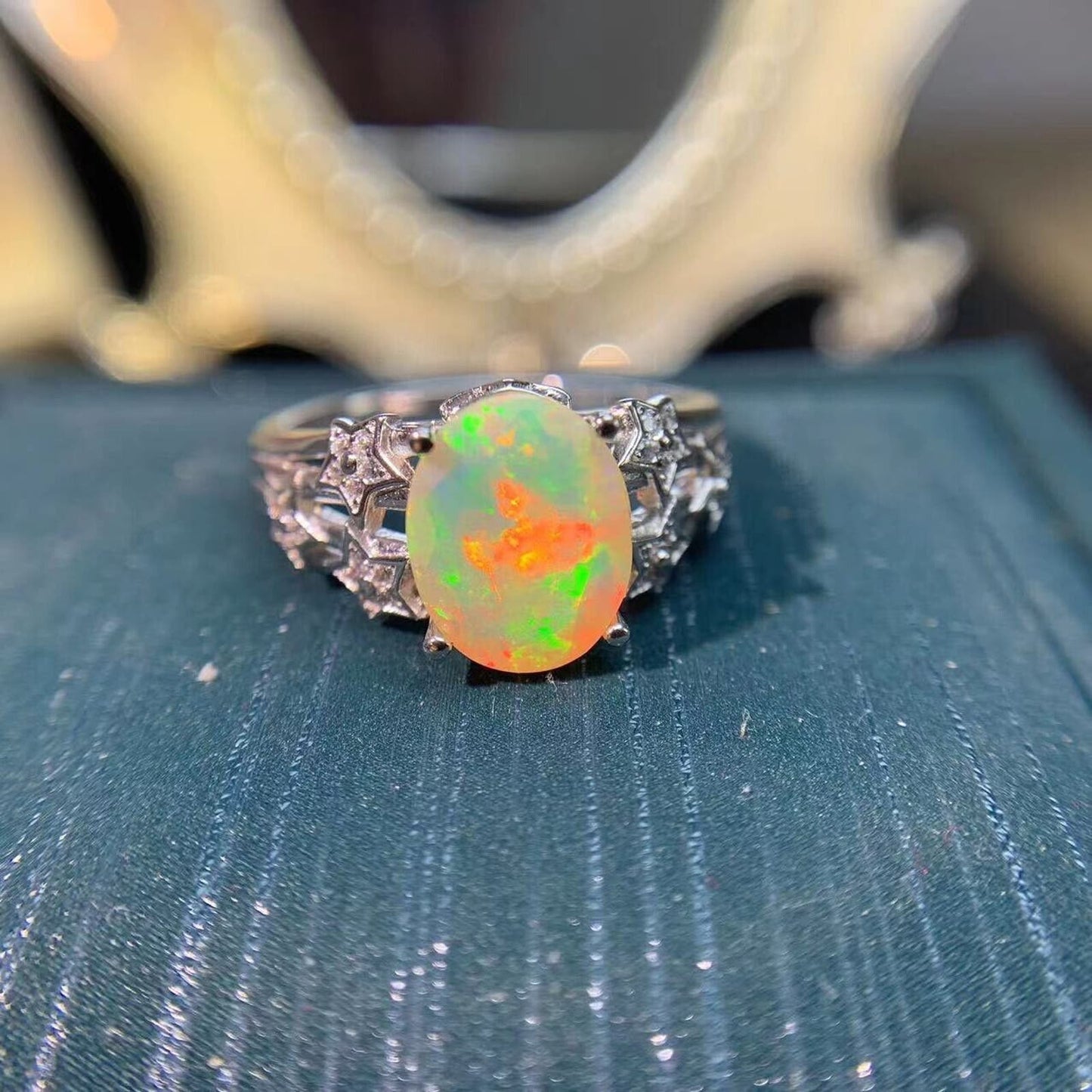 Fire Opal Cocktail Ring 8x10mm Sterling Silver