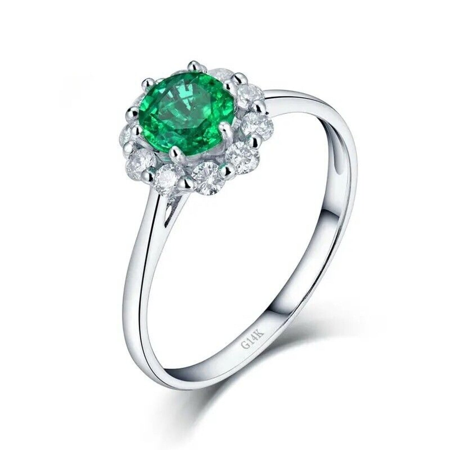 Natural Emerald and Diamond Round Cut Cluster Ring 14k White Gold