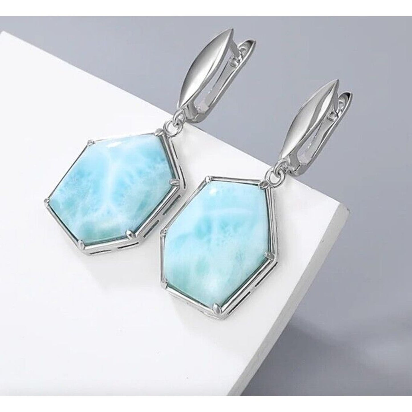 Larimar Dangle Earrings, Irregular Shape Hexagon Natural Larimar Earrings