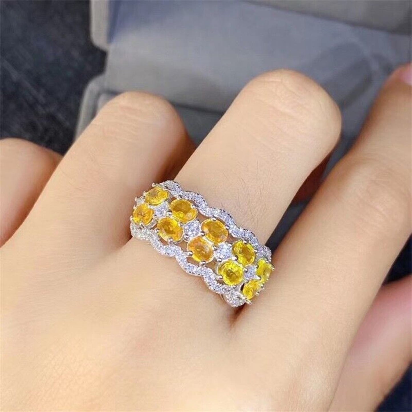 Bright Yellow Citrine Gemstone Double Layer Band Ring 3x4mm