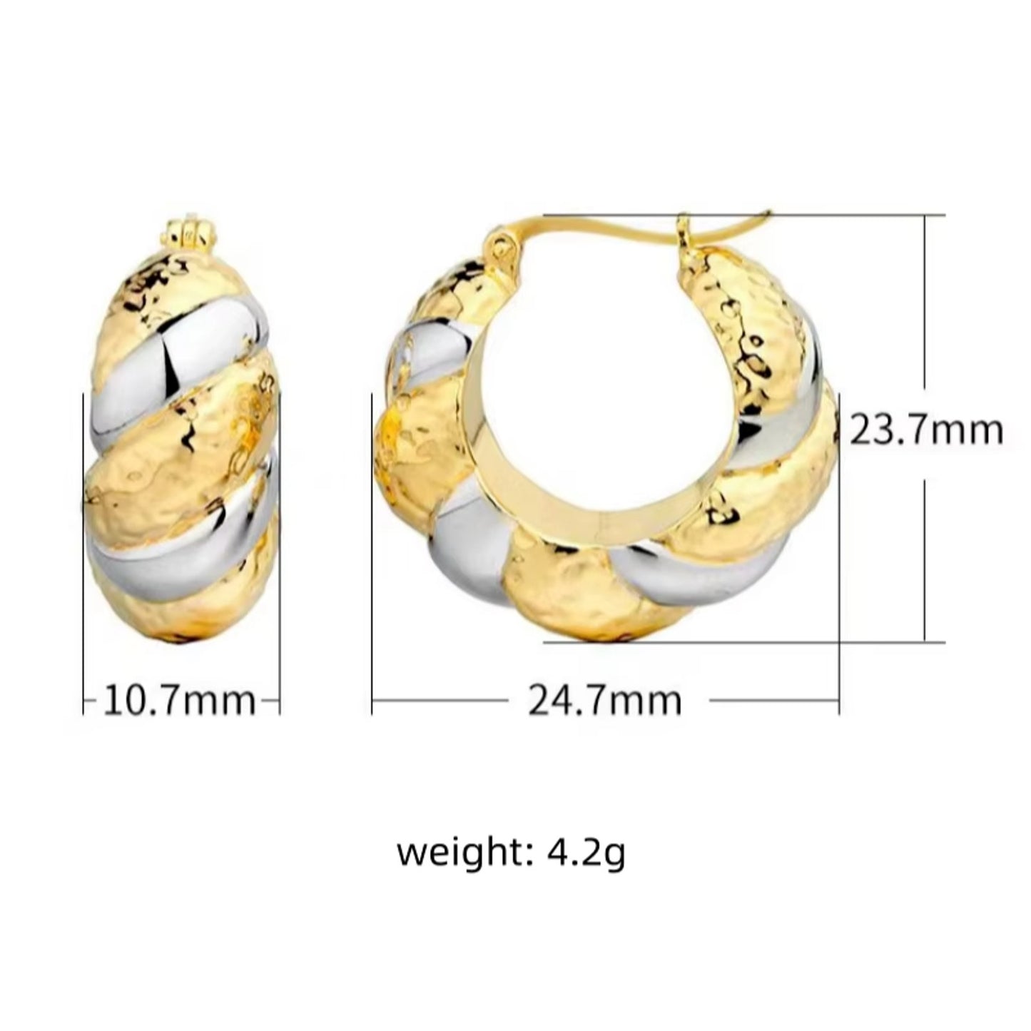 Chunky Yellow and White Gold Hoop Earrings, Solid 18k Gold Hoop Earrings Au750