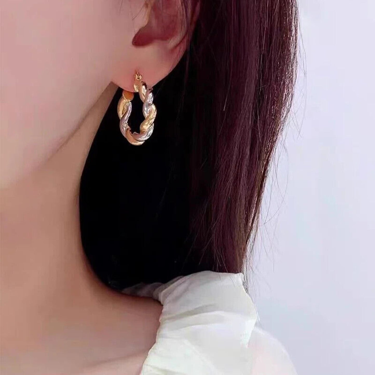 18k Gold Twisted Hoop Earrings, Two Tone 18k Gold Hoop Earrings Au750