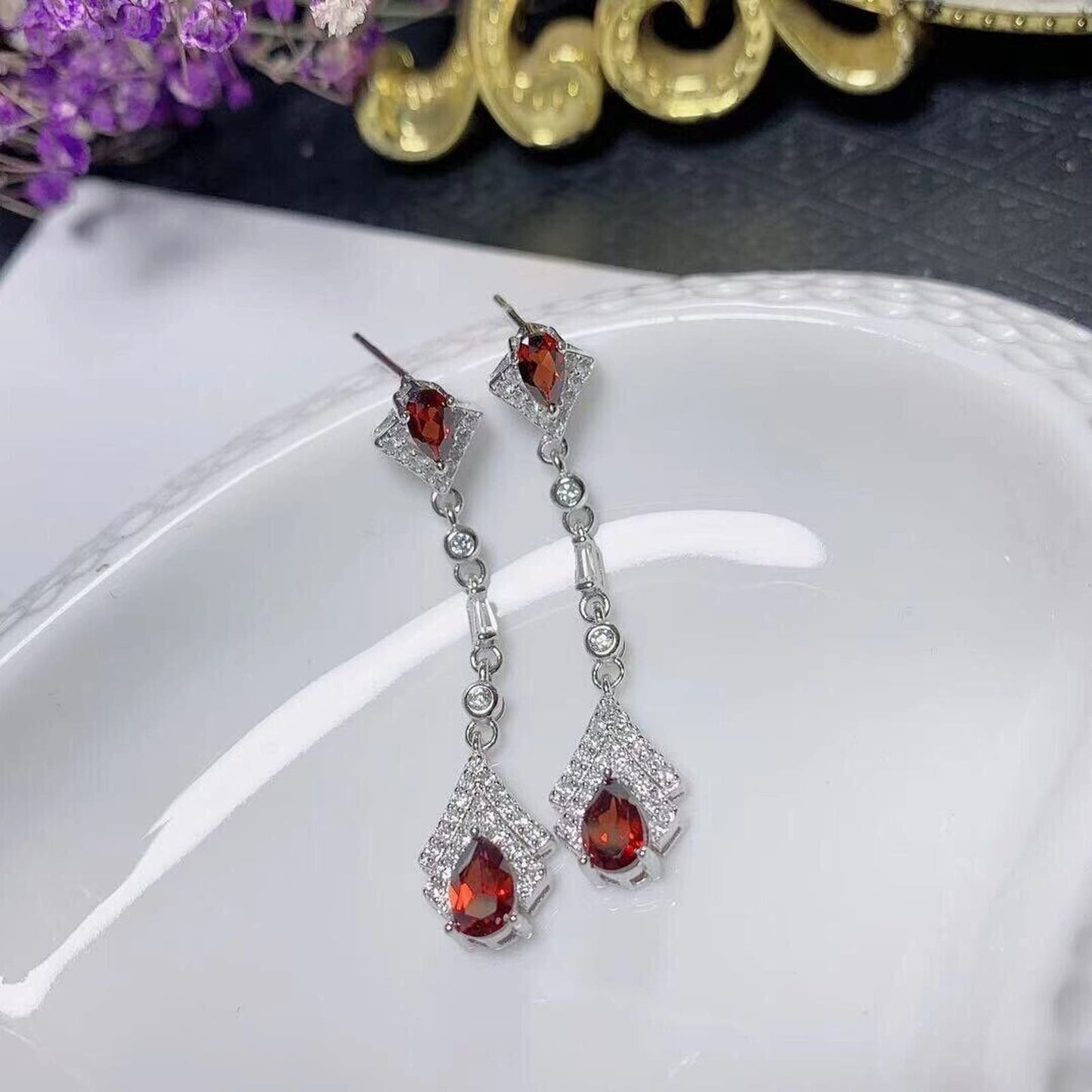 Red Garnet Long Dangle Earrings 4x6mm Platinum Plated