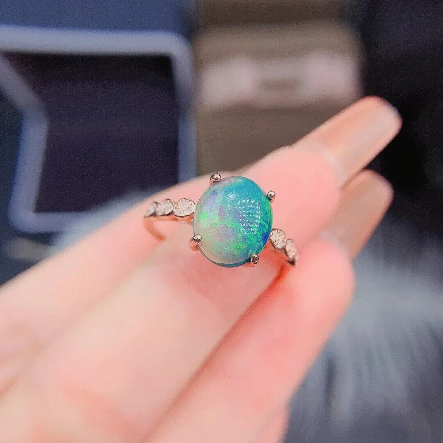 Natural Black Fire Opal Cocktail Ring 9x11mm Platinum Plated