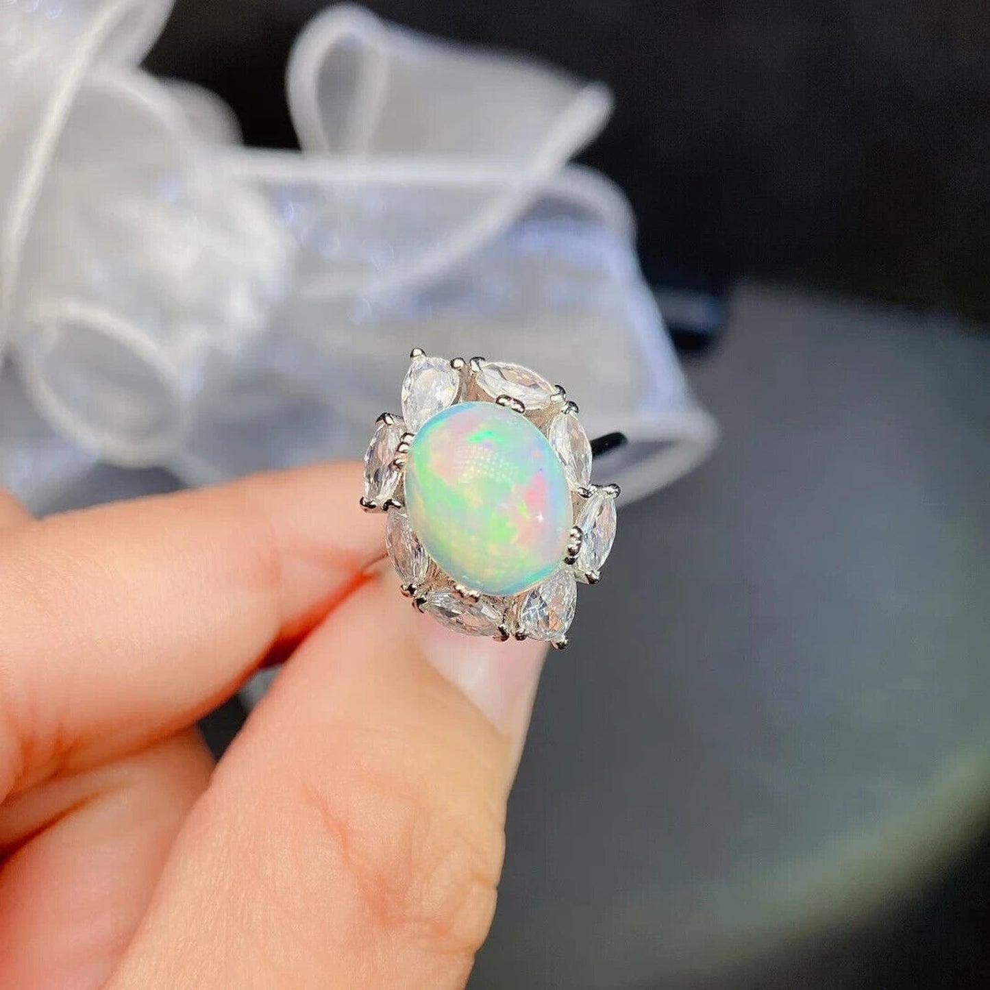 White Fire Opal Cluster Ring 10x12mm Sterling Silver