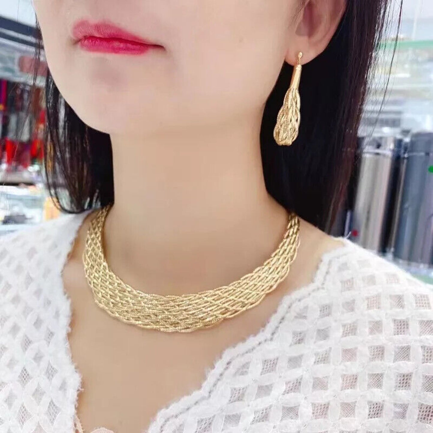 18k Gold Italian Woven Lace Jewelry, 18k Gold Woven Necklace, Woven Bracelet 18k