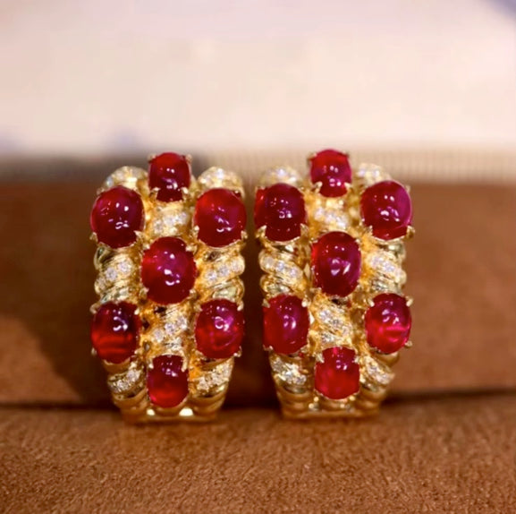 4.60Ct Natural Ruby & Diamond Clip Earrings Solid 18k Yellow Gold