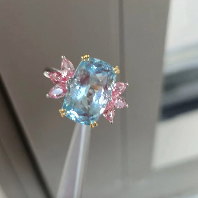 4.46 Ct Cushion Cut Aquamarine and Pink Sapphire Ring 18k Solid White Gold