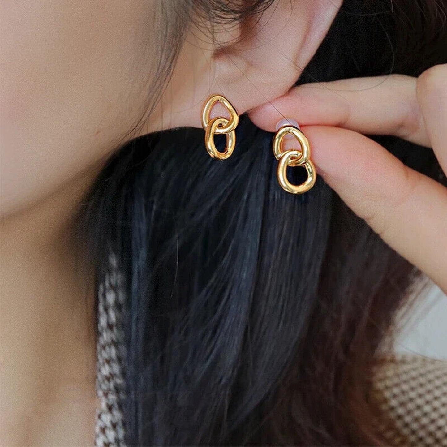 18k Gold Chain Link Earrings, Pure 18k Gold Chain Earrings Au750