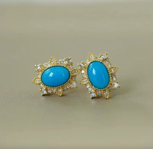 18k Yellow Gold Turquoise Stud Earrings, Natural Turquoise Diamond Earrings, High Quality Turquoise Earrings, Turquoise & Diamond Earrings 18k Gold, 18k Yellow Gold Turquoise Jewelry, Turquoise Earrings 18k Gold, Turquoise Stud Earrings Yellow Gold, 18k Gold Turquoise Earrings, Yellow Gold Turquoise Earrings, White Gold Turquoise Earrings, Natural Turquoise, Real Turquoise Jewelry for Women, Genuine Turquoise