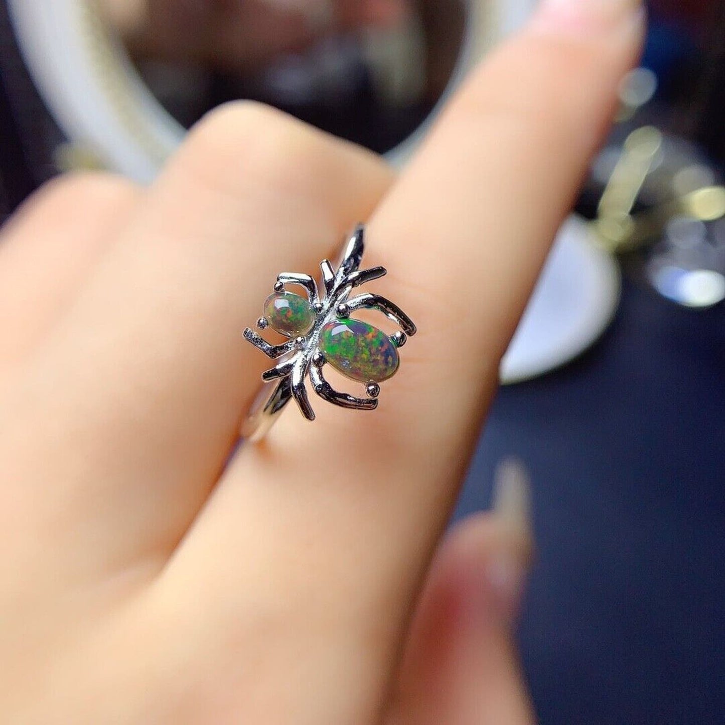 Black Fire Opal Spider Ring Sterling Silver
