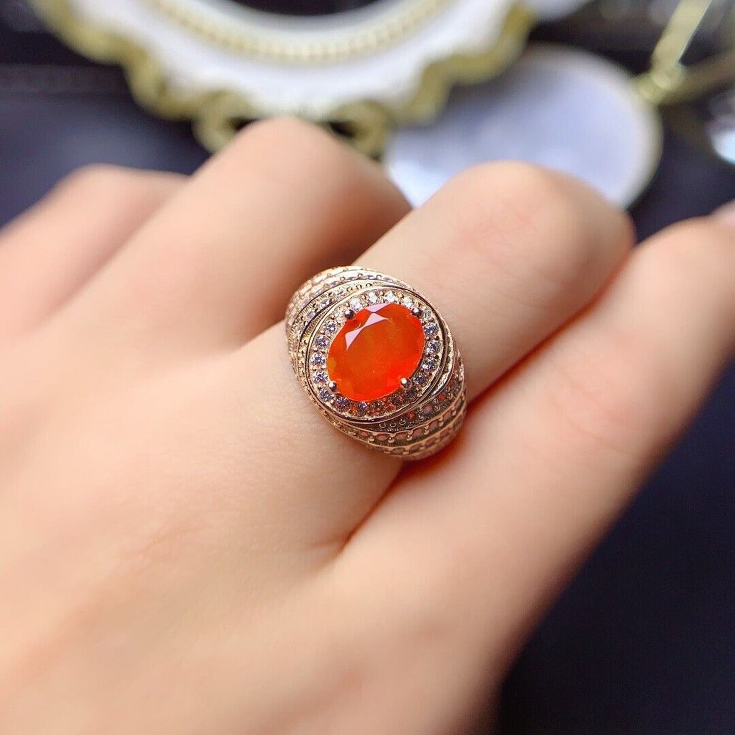Natural Orange Fire Opal Cocktail Ring 7x9mm