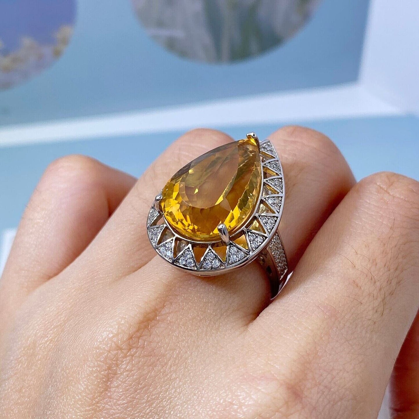 Citrine Gemstone Pear Cut Statement Ring 15 Carat