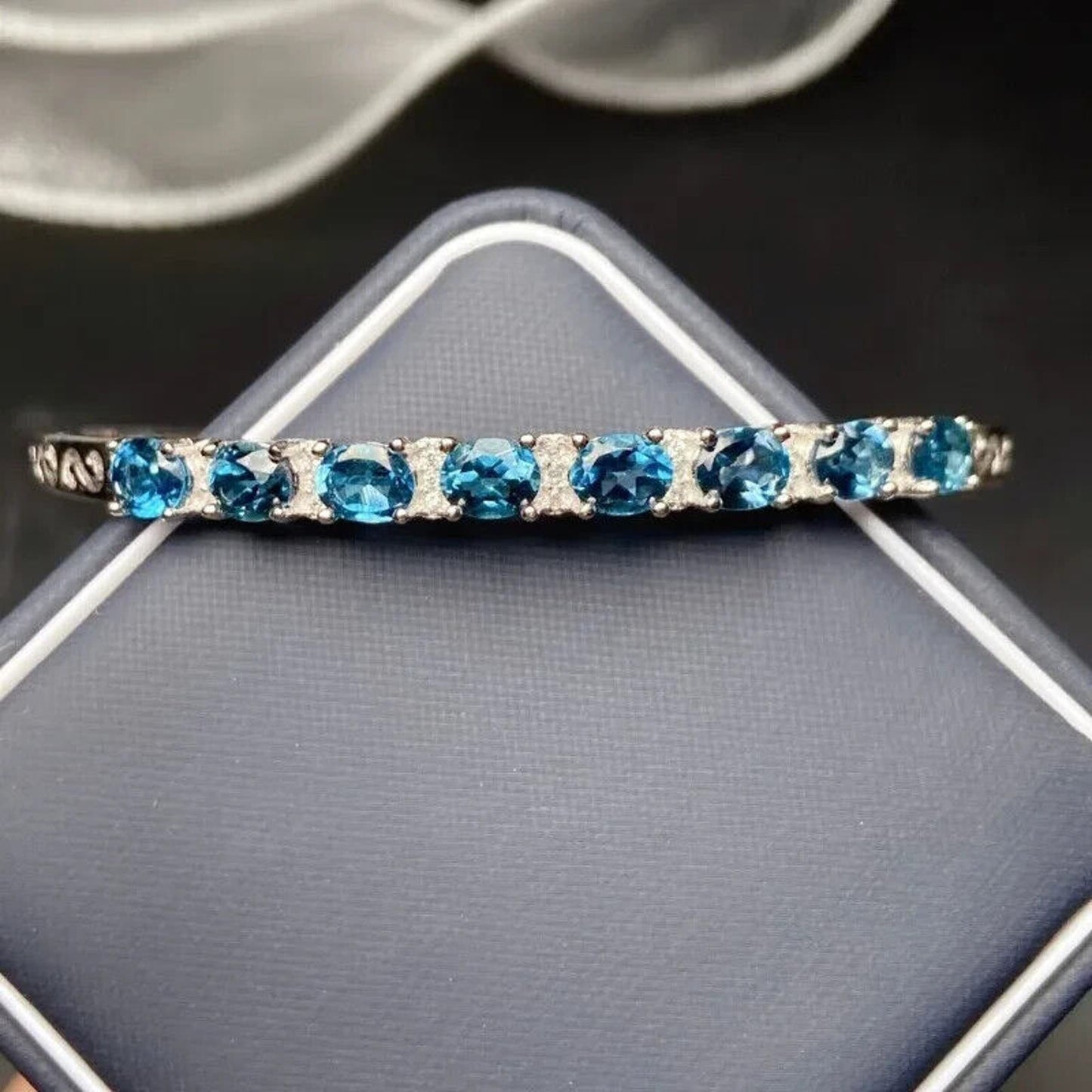 London Blue Topaz Gemstone Bangle Bracelet 17cm Sterling Silver