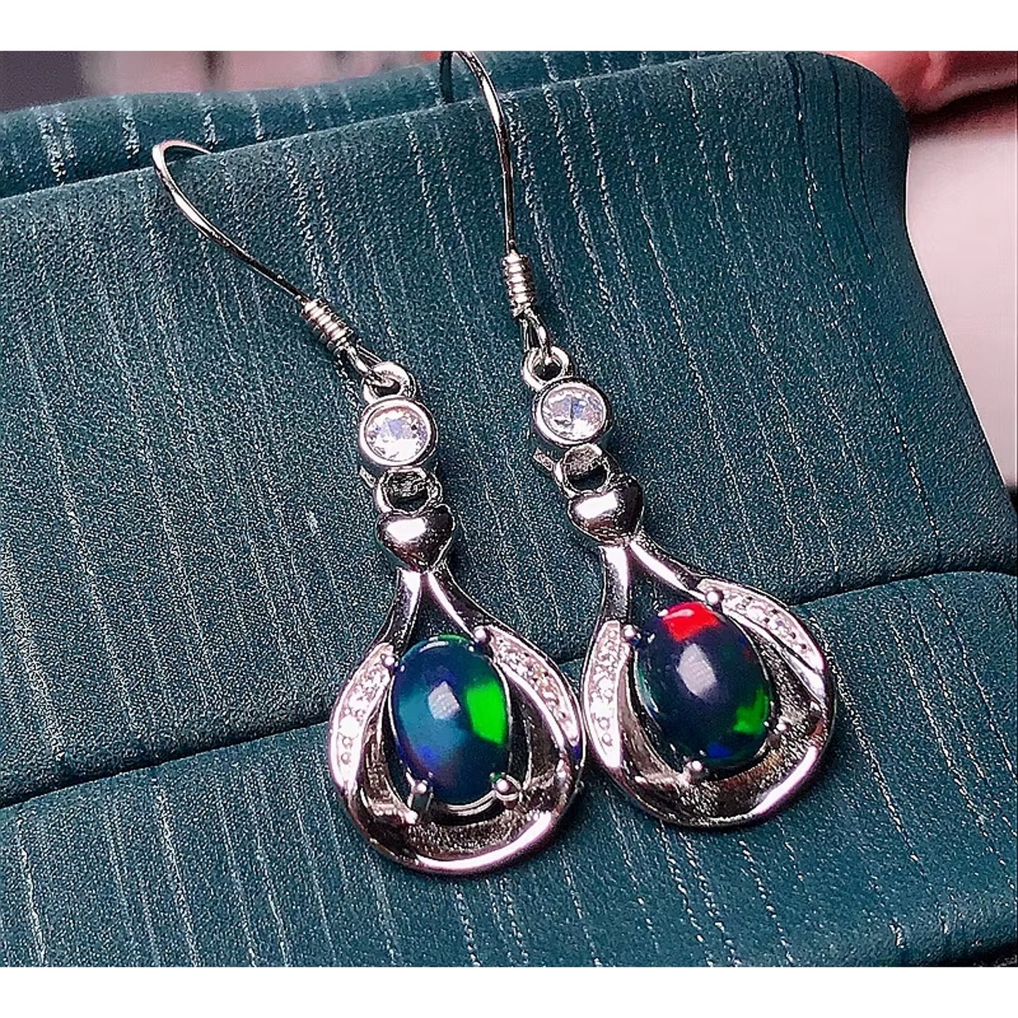 Black Fire Opal Dangle Earrings, Natural Fire Opal Earrings 925 Sterling Silver