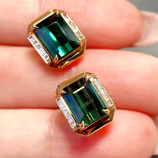 4.2CT Emerald Cut Green Tourmaline and Diamond Earrings 18k Rose Gold Tourmaline