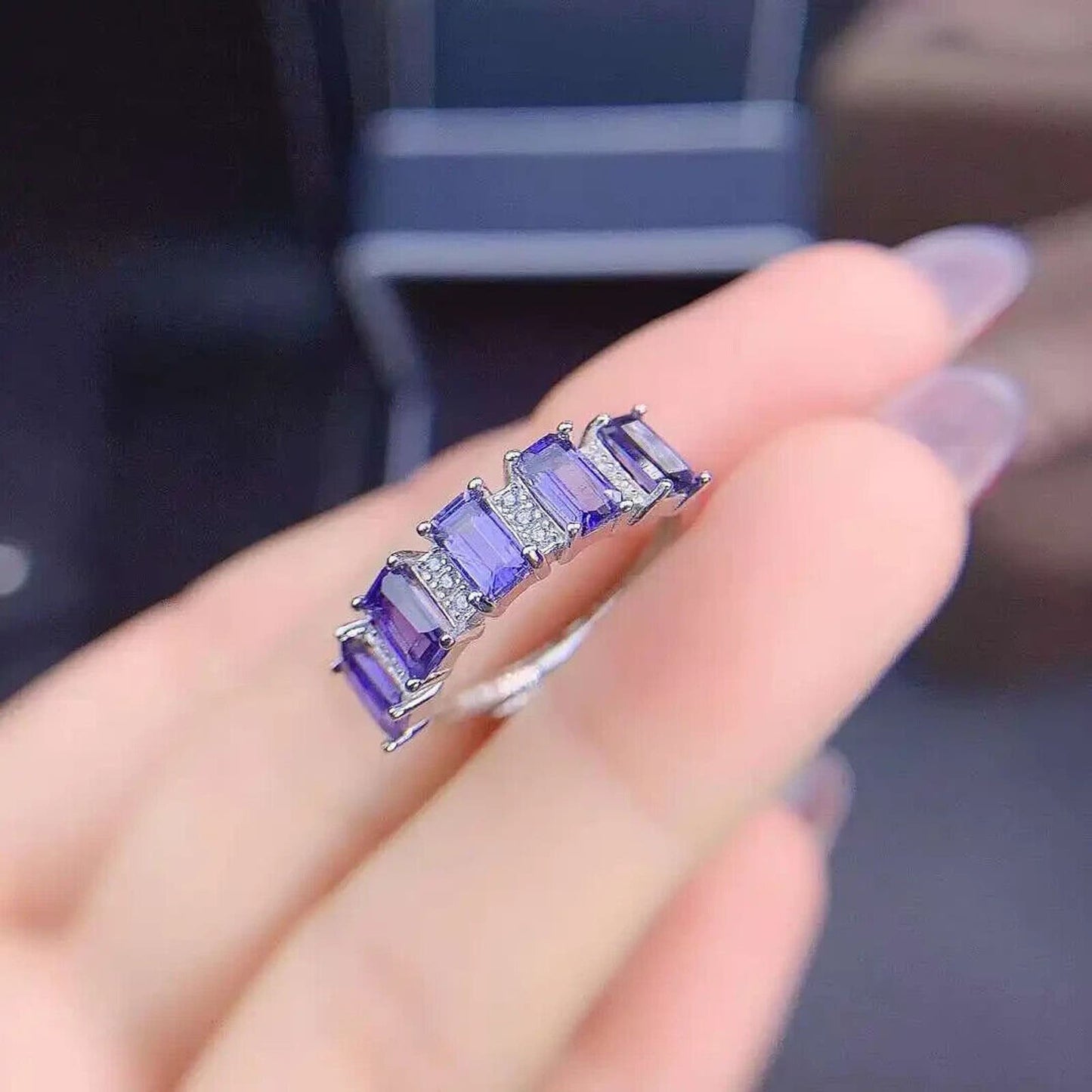 Purple Tanzanite Band Ring 3x5mm Platinum Plated