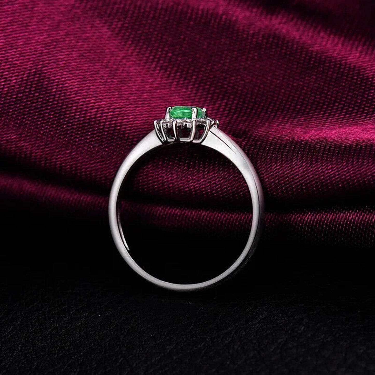 Natural Emerald and Diamond Oval Cut Cluster Ring 14k White Gold