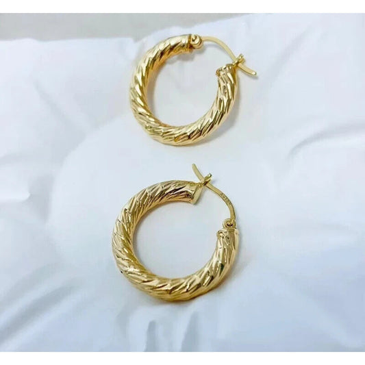 18k Solid Yellow Gold Hoop Earrings, 18k Gold Sparkly Hoop Earrings Au750