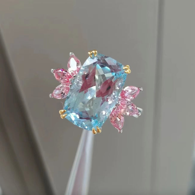 4.46 Ct Cushion Cut Aquamarine and Pink Sapphire Ring 18k Solid White Gold