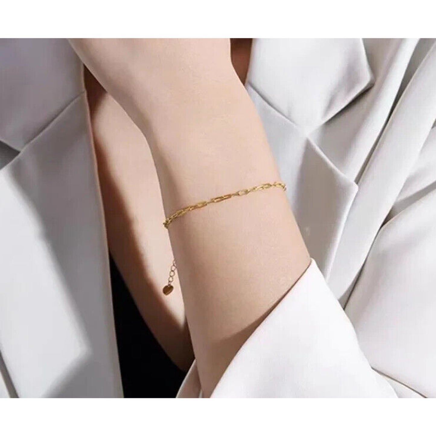 18k Gold Paper Clip Bracelet, Women's Paper Clip Chain Bracelet Solid 18k Gold