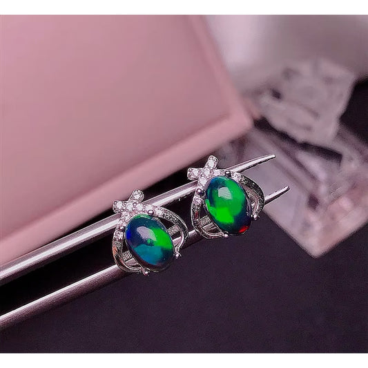 Black Fire Opal Stud Earrings Colorful Black Fire Opal Earrings Sterling Silver