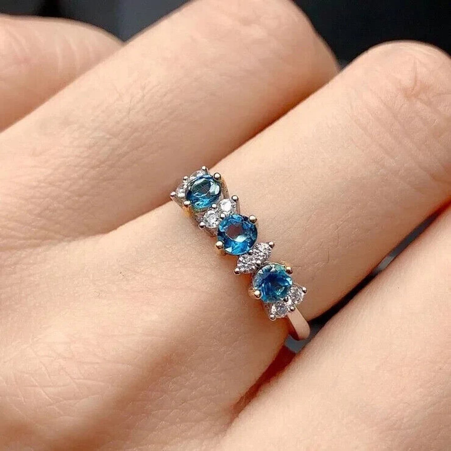 Natural London Blue Topaz Band Ring, London Blue Topaz and CZ Sterling Ring