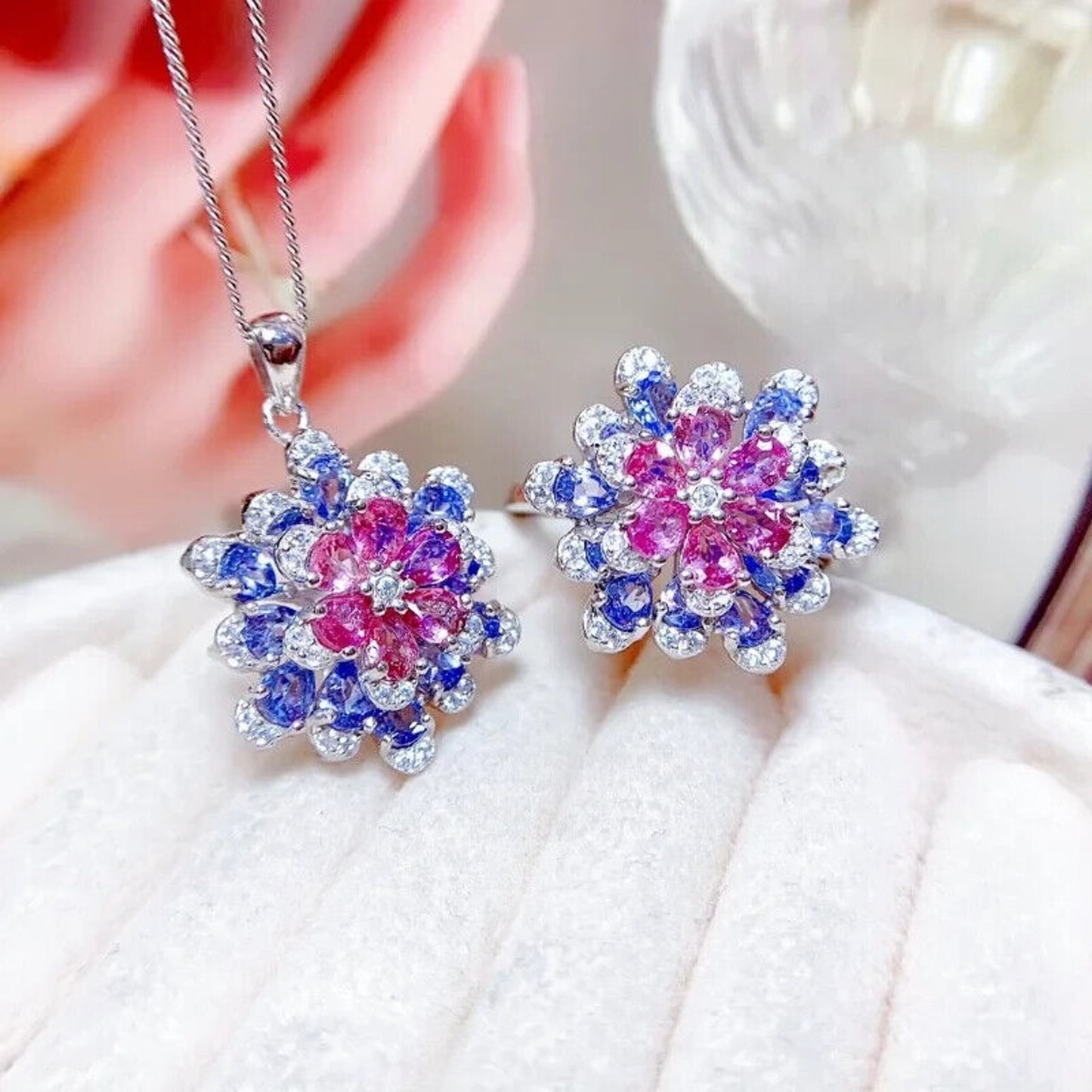 Pink Tourmaline and Tanzanite Jewelry Set, Pink Tourmaline Jewelry Set, Purple Tanzanite Jewelry Set, Tourmaline and Tanzanite, Purple Tanzanite and Pink Tourmaline, Pink Tourmaline Statement Ring, Pink Tourmaline Pendant, Purple Tanzanite Statement Ring, Purple Tanzanite Pendant