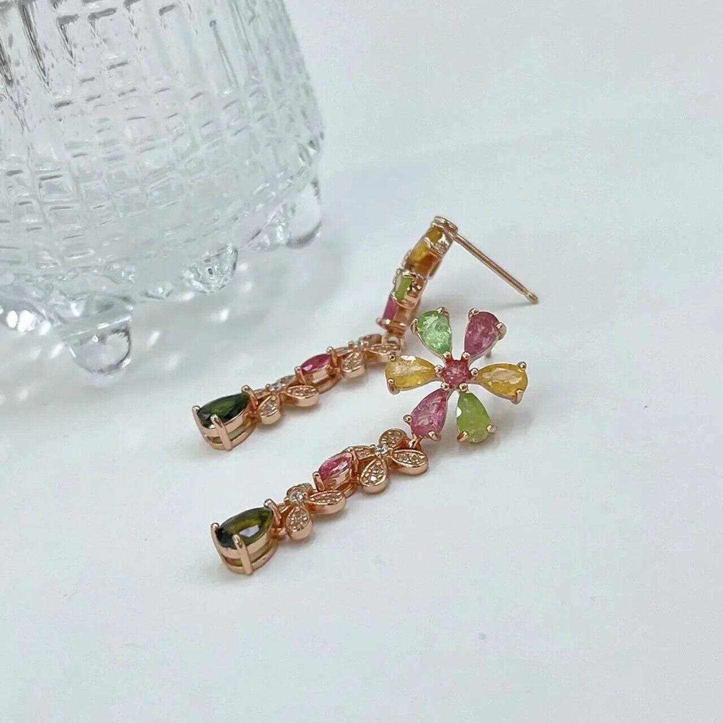 Multicolor Tourmaline Flower Dangle Earrings Rose Gold