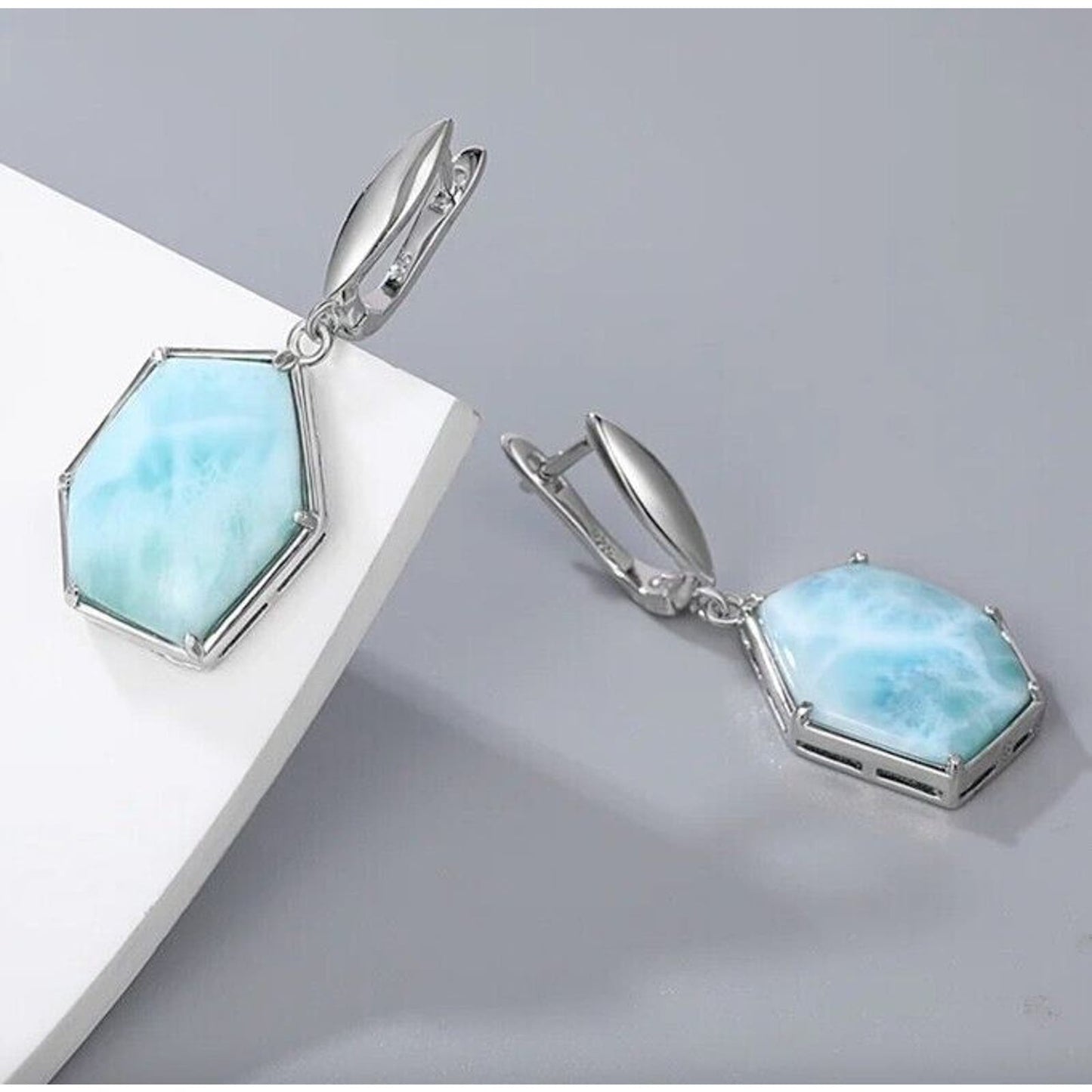 Larimar Dangle Earrings, Irregular Shape Hexagon Natural Larimar Earrings