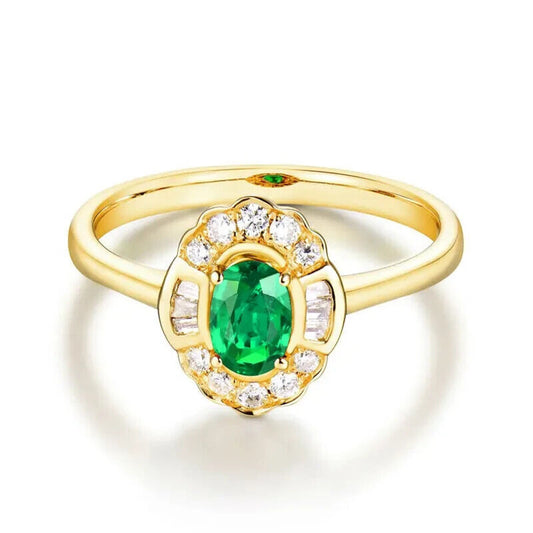 Natural Emerald and Diamond 14k Yellow Gold Cocktail Ring