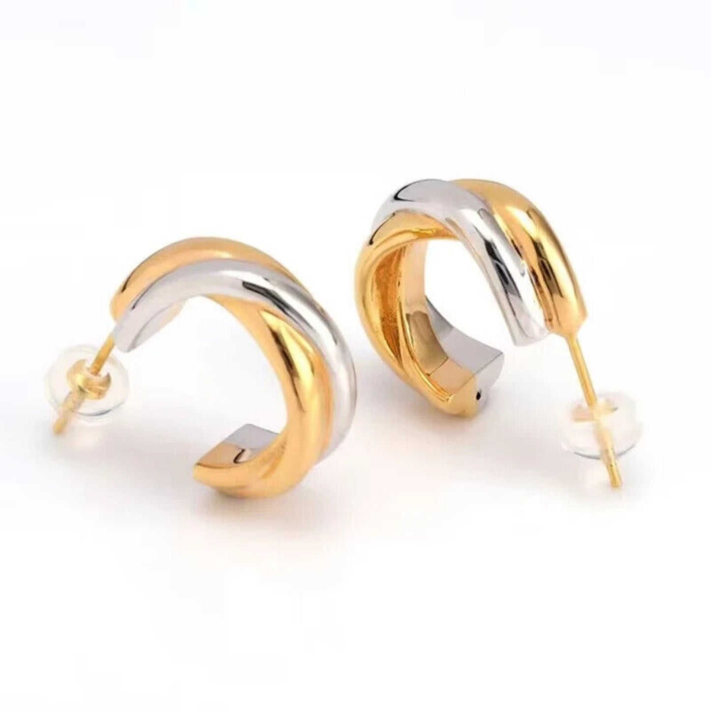 18k Yellow and White Gold Hoop Earrings, Two Tone 18k Gold Hoop Earrings Au750