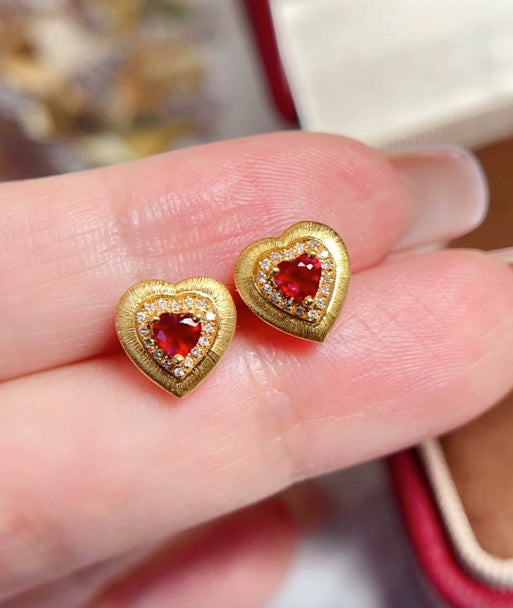 0.5CT Natural Ruby & Diamond Heart Earrings Solid 18k Yellow Gold