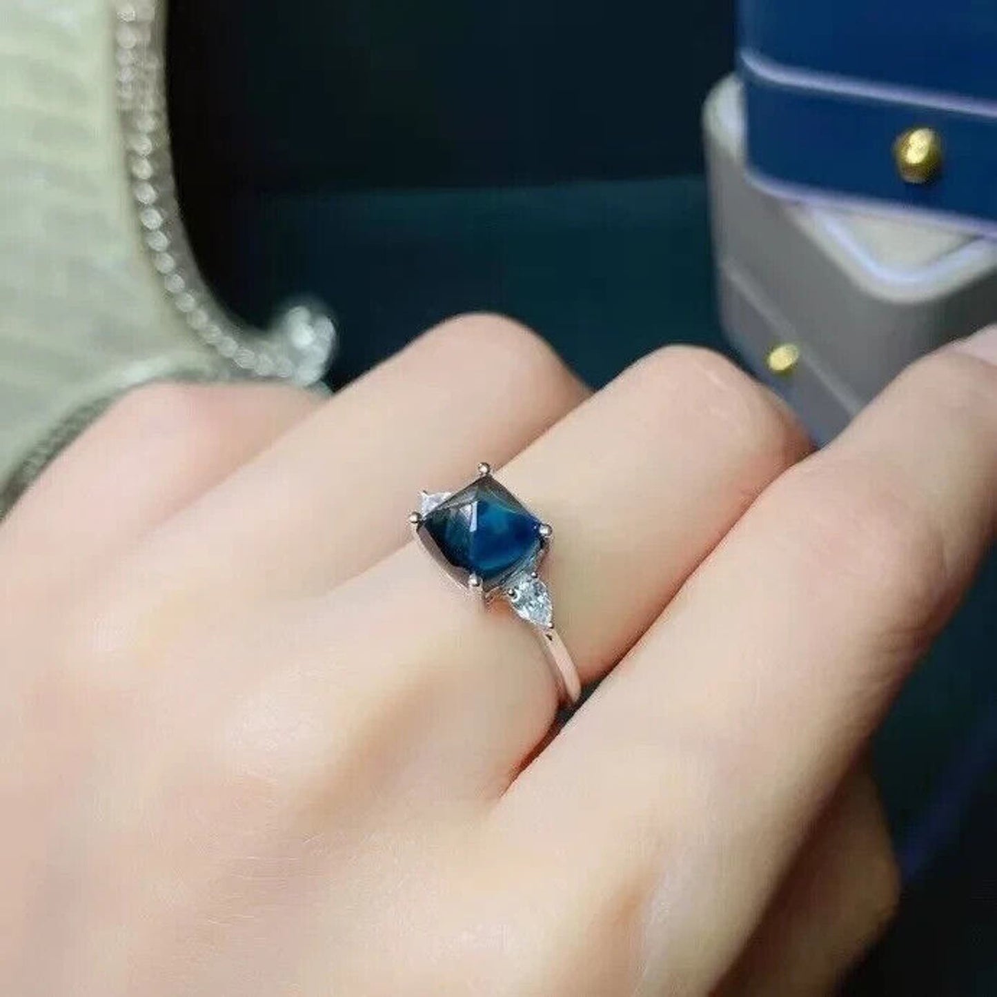 Sugarloaf Cut London Blue Topaz Gemstone Ring, Natural London Blue Topaz Ring