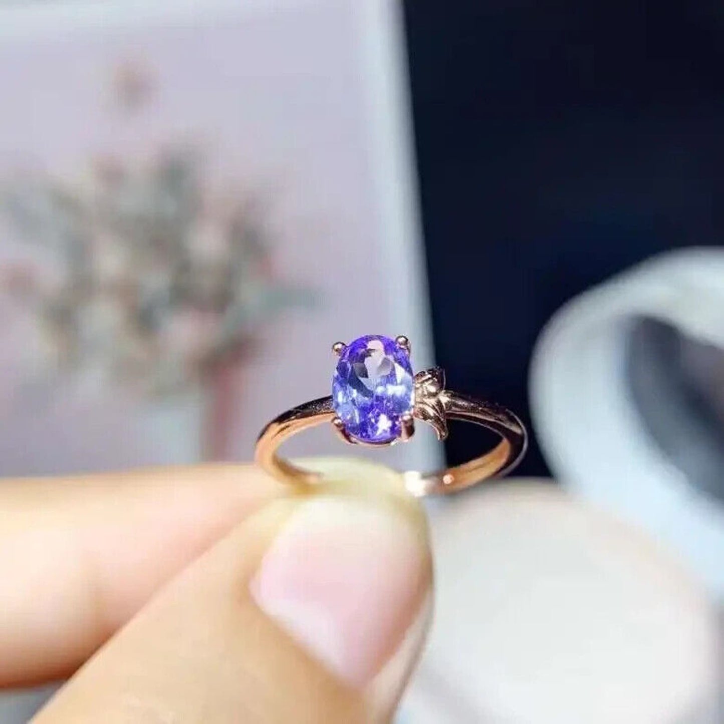 Purple Tanzanite Solitaire Ring 5x7mm Platinum Plated