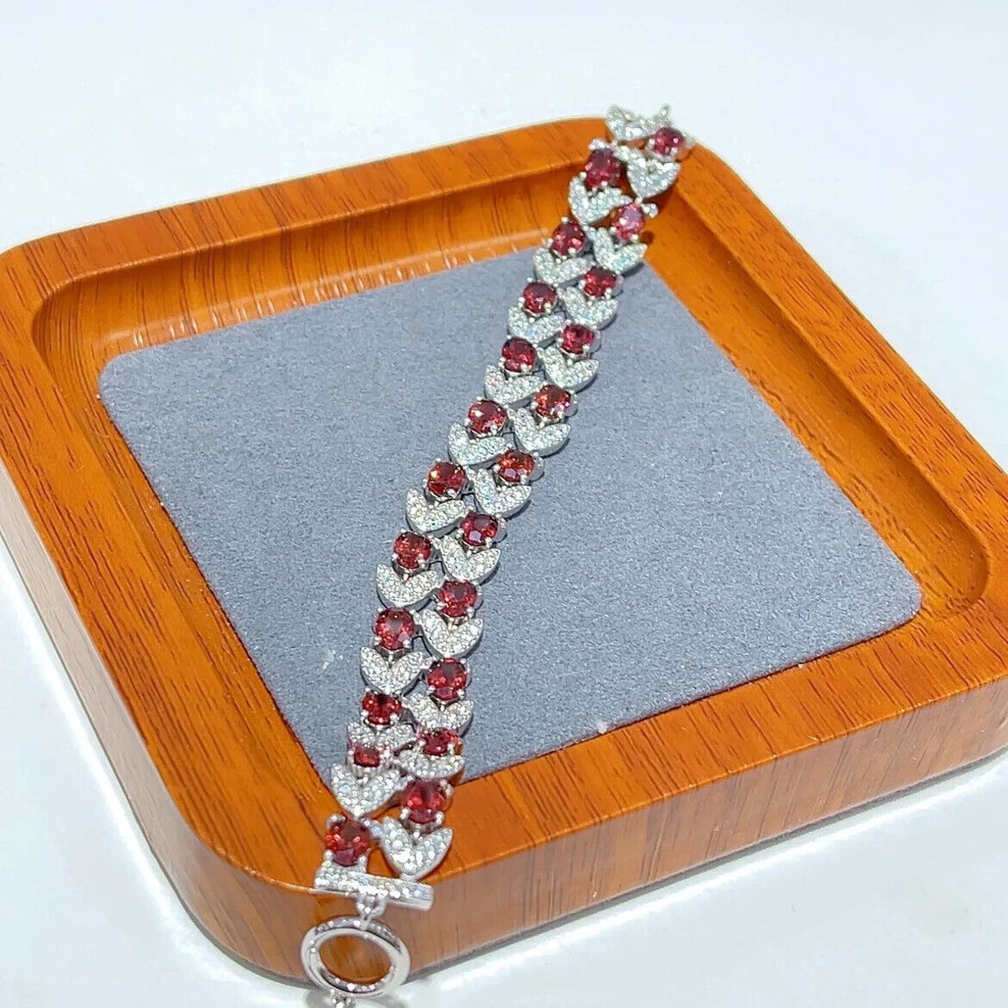 Red Garnet Double Layer Leaf Pattern Tennis Bracelet 4x5mm