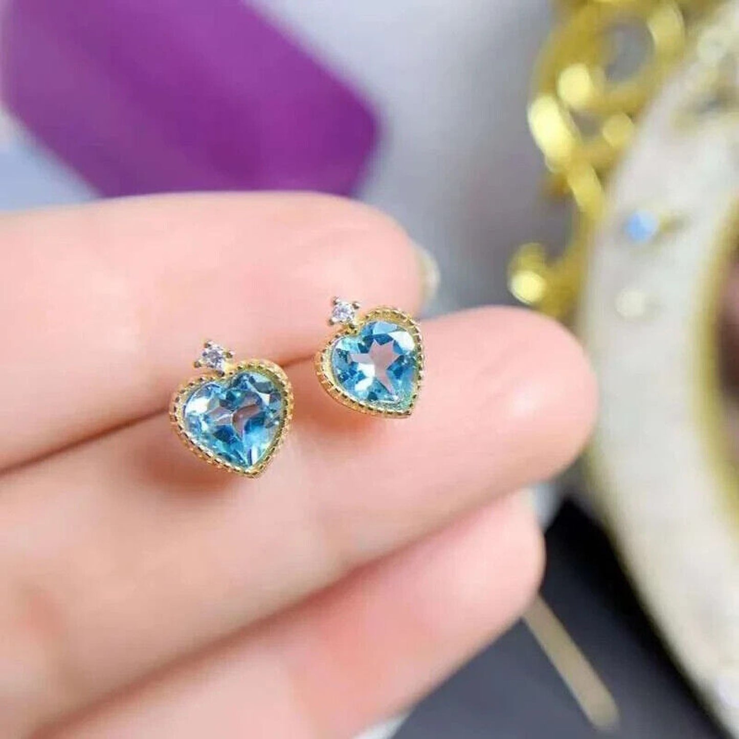 Swiss Blue Topaz Heart Shaped Stud Earrings 6mm